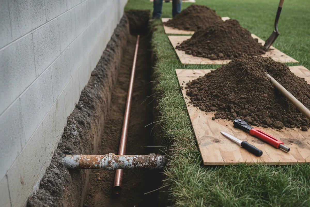 Excavated water line trench during Sewer Line Repair in Klamath